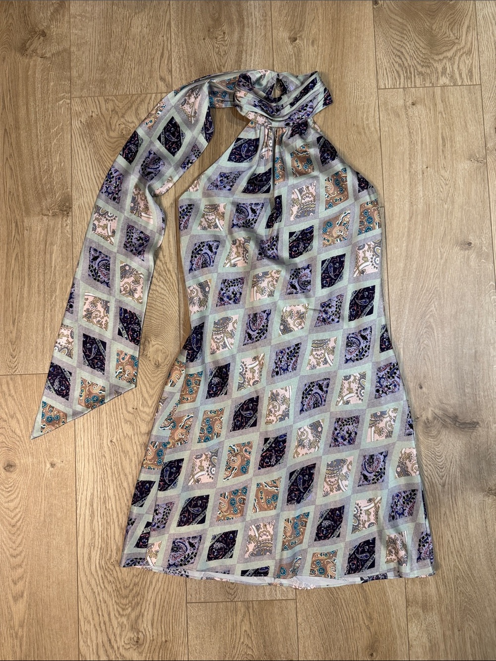 Cinq a sept silk halter Midi Dress in Pastel Blue, Lavender & Tan Patchwork